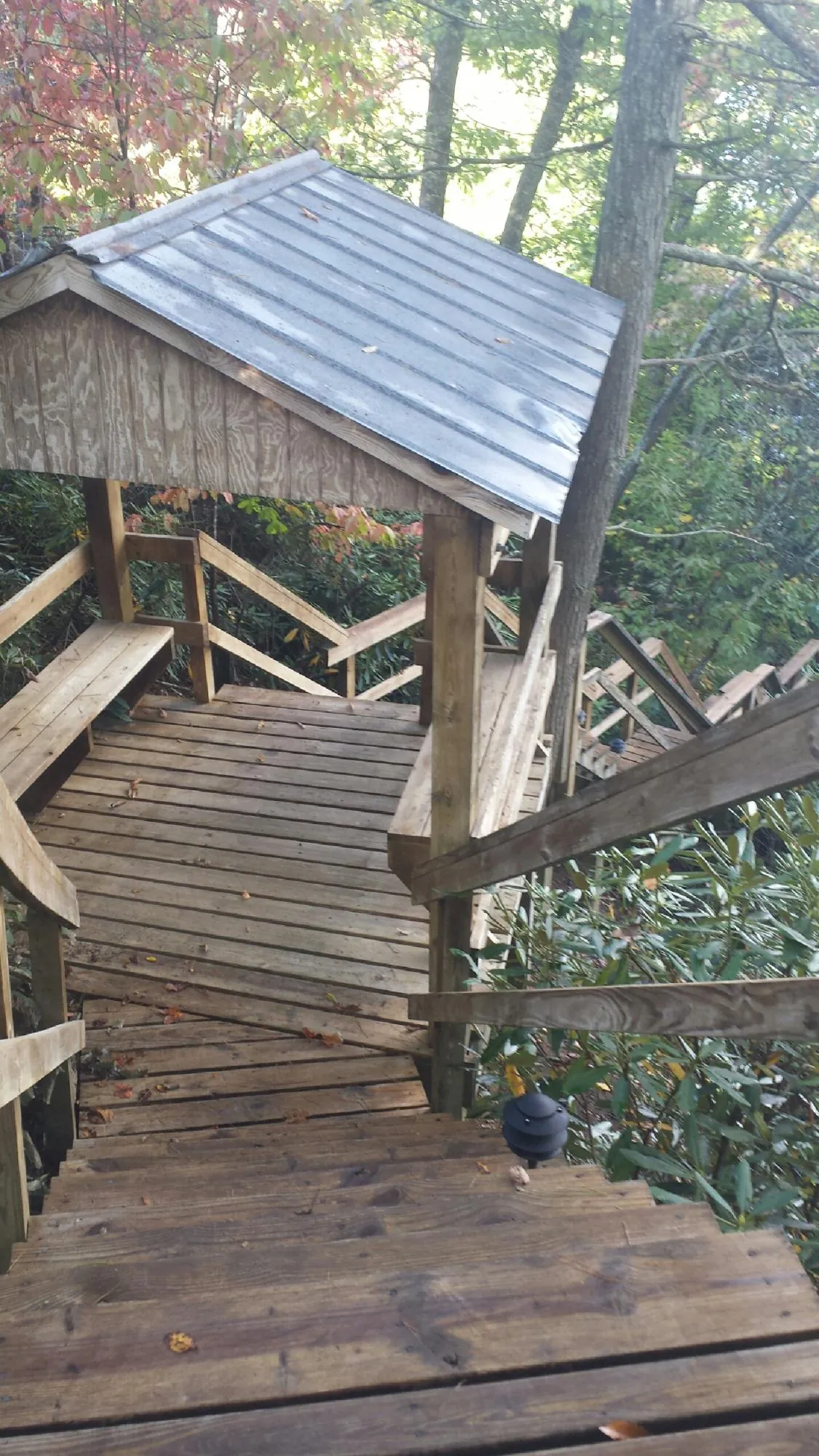 Metal roofed shelter over wooden steps on a wooded walkway — Skylight Repair & Installation work by our crew in Findlay